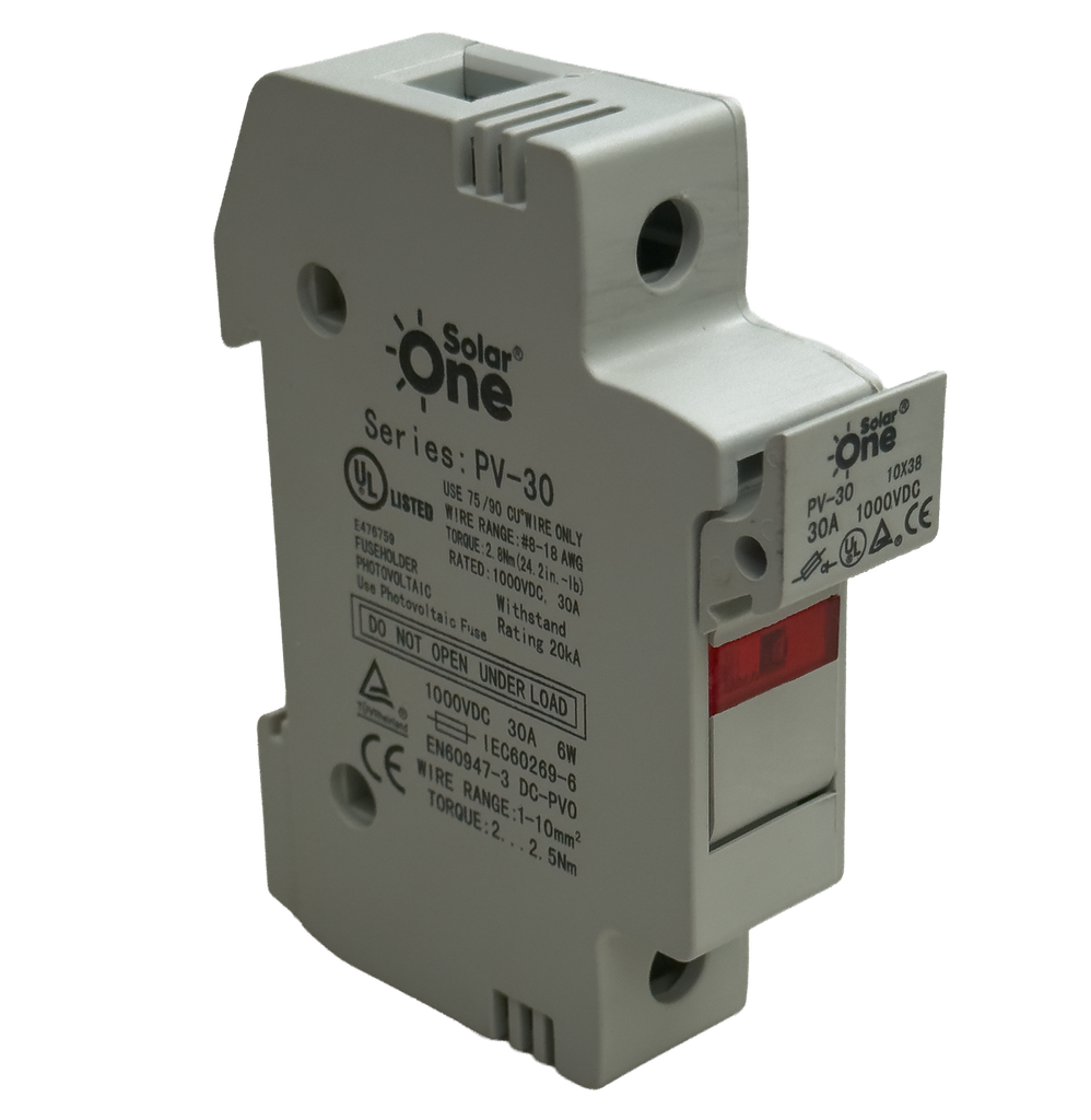 Porta Fusible Led Solar 10X38mm, 1P, 1000Vdc, 30A, 40kA, Riel Din, (12 piezas), IEC60947-3, IEC60269-6, UL, TUV, CE,  SolarOne