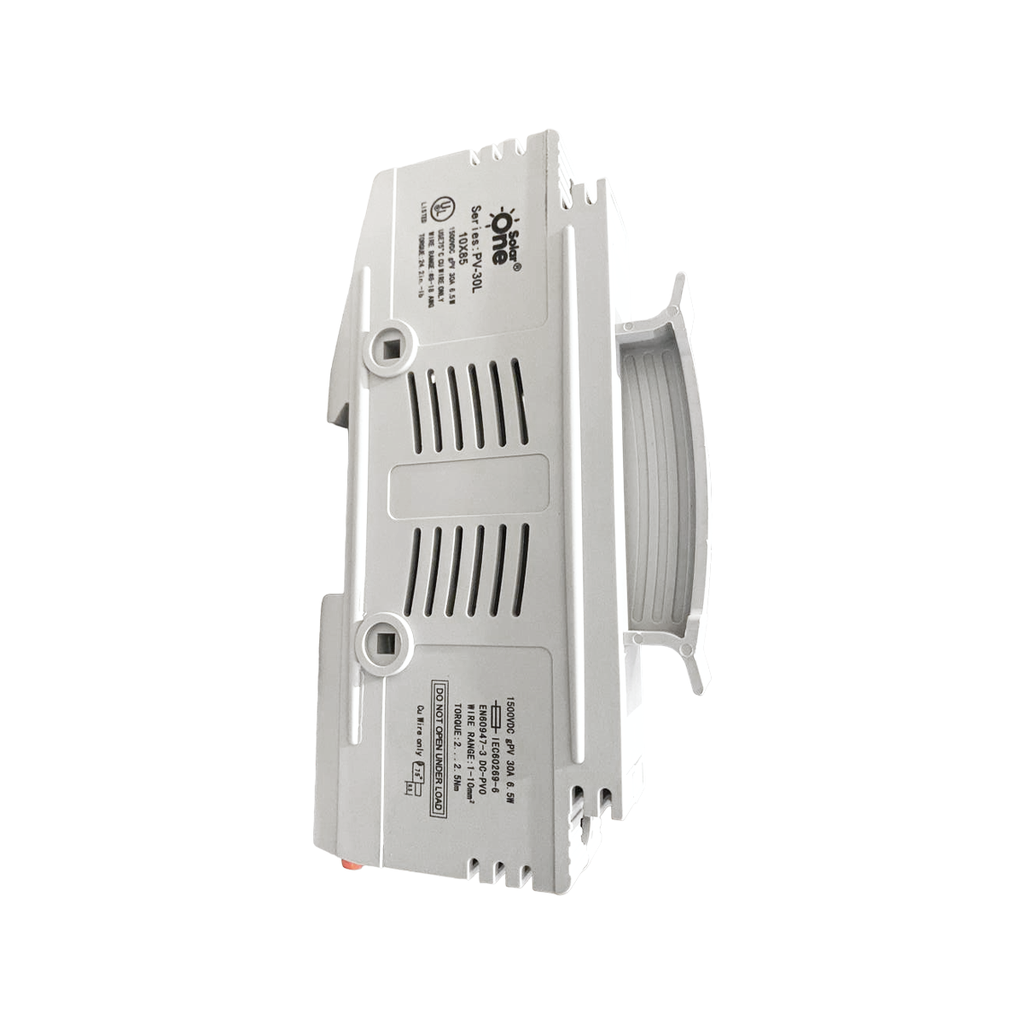 Porta Fusible Solar 10X85mm,1500Vdc, gPV 30A, 40kA, Riel Din, (6 piezas), IEC60947-3, IEC60269-6, UL, CE, SolarOne